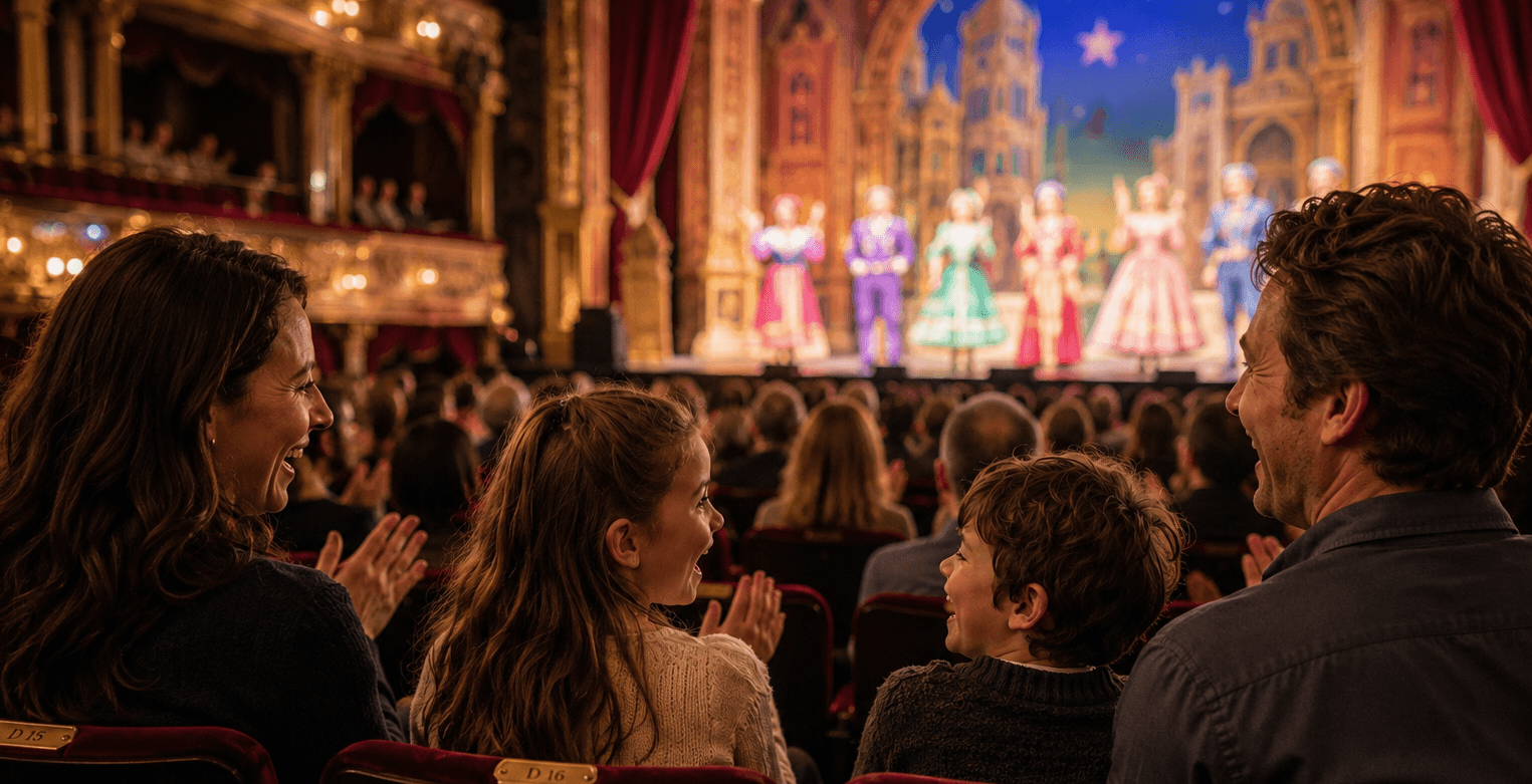 A family clapping and smiling together at a theatre performance